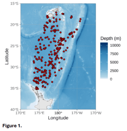 Map of the southwest Pacific showing eDNA sampling locations in red between New Zealand, Tonga and Fiji, over ocean depth in blue.